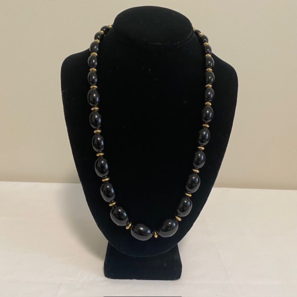 Vintage 1980's Napier Graduated Black Oval Lucite & Gold Spacer Beads Necklace